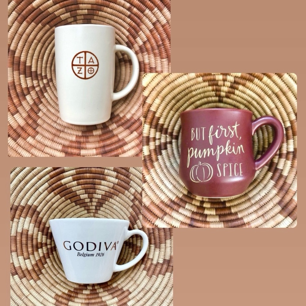 SET OF 3 mugs Starbucks, Indigo, Godiva Fall Autumn Coffee Tea Brown Neutral
